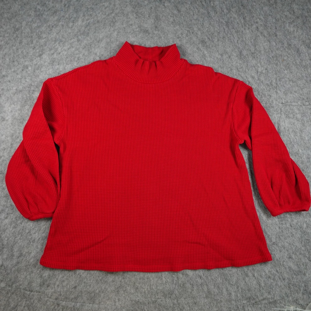 Ava Viv Top Women 1X Red Waffle Knit Mock Neck Long Balloon Sleeve